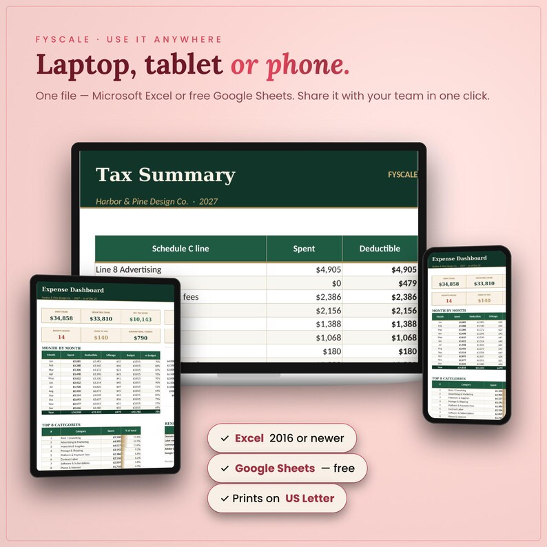 The business expense tracker spreadsheet works in Microsoft Excel and free Google Sheets on laptop, tablet and phone, with instant digital download