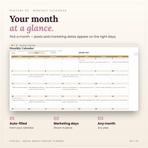 Monthly calendar in the social media content planner: Monthly Calendar tab screenshot. Your month at a glance