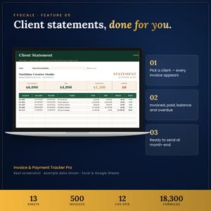 Invoice tracker spreadsheet feature – Client statements, done for you. Pick a client — every invoice appears; Invoiced, paid, balance and overdue; Ready to send at month-end.