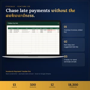 Invoice tracker spreadsheet feature – Chase late payments without the awkwardness. Overdue invoices, oldest first; Next step and suggested late fee; 3 ready-to-send reminder emails.