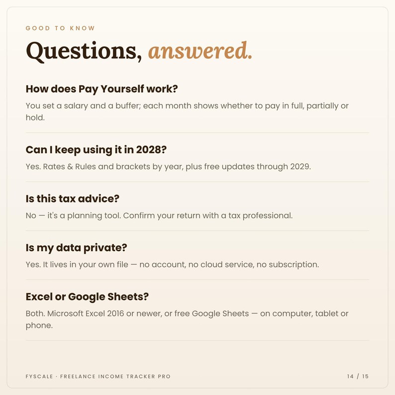 Freelance income tracker spreadsheet FAQ: How does Pay Yourself work? Can I keep using it in 2028?