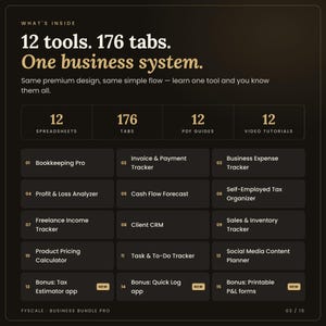 What's inside the small business spreadsheet bundle: all 12 Fyscale tools and 176 tabs, from bookkeeping and taxes to CRM, inventory, tasks and content, built for 2027 to 2029