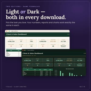 Light and Dark edition of the client CRM spreadsheet side by side: same formulas, choose the look you like in Google Sheets or Excel
