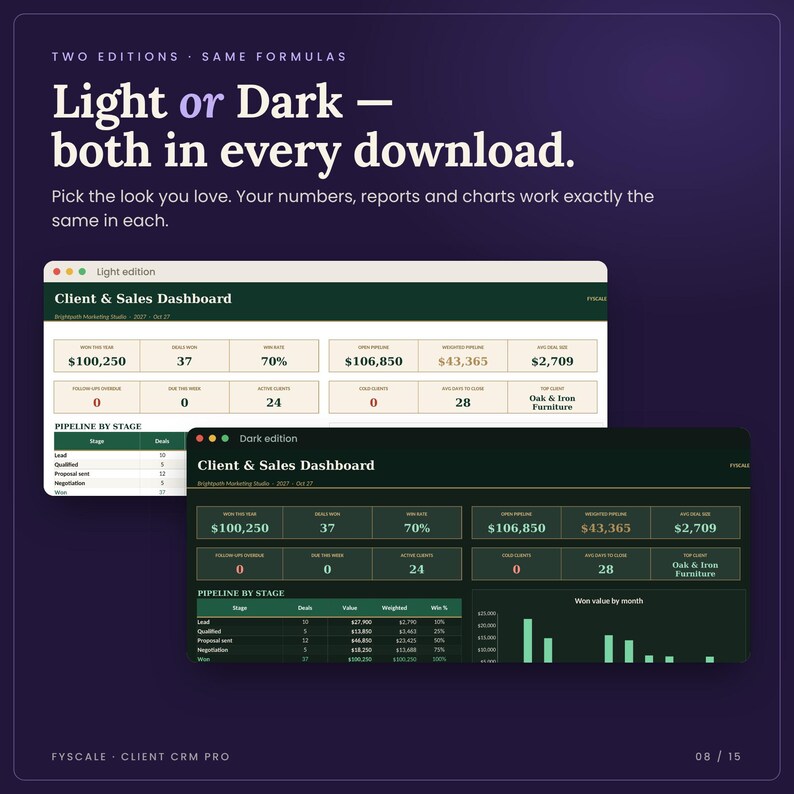 Light and Dark edition of the client CRM spreadsheet side by side: same formulas, choose the look you like in Google Sheets or Excel
