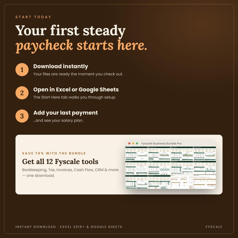 Instant download freelance income tracker spreadsheet, start in 10 minutes. Also available in the Fyscale Small Business Spreadsheet Bundle with 12 tools