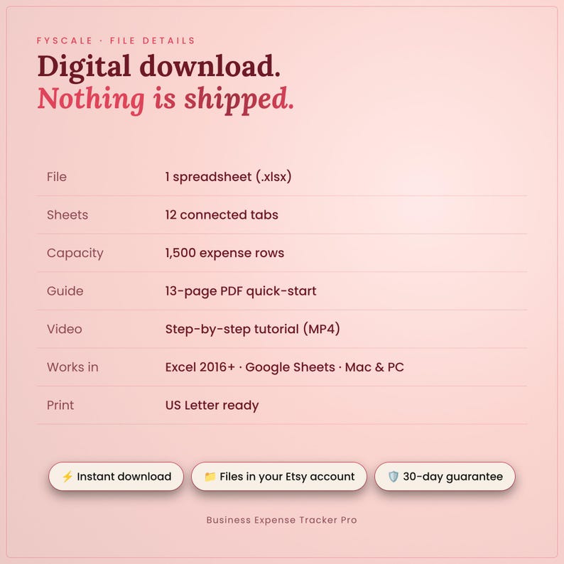 Business expense tracker spreadsheet file details – digital download, nothing is shipped. File: 1 spreadsheet (.xlsx); Sheets: 12 connected tabs; Capacity: 1,500 expense rows; Guide: 13-page PDF quick-start; video tutorial; Excel 2016+ and Google Sheets; US Letter print.
