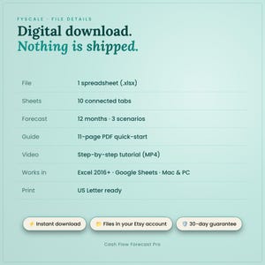Cash flow forecast spreadsheet file details – digital download, nothing is shipped. File: 1 spreadsheet (.xlsx); Sheets: 10 connected tabs; Forecast: 12 months · 3 scenarios; Guide: 11-page PDF quick-start; video tutorial; Excel 2016+ and Google Sheets; US Letter print.