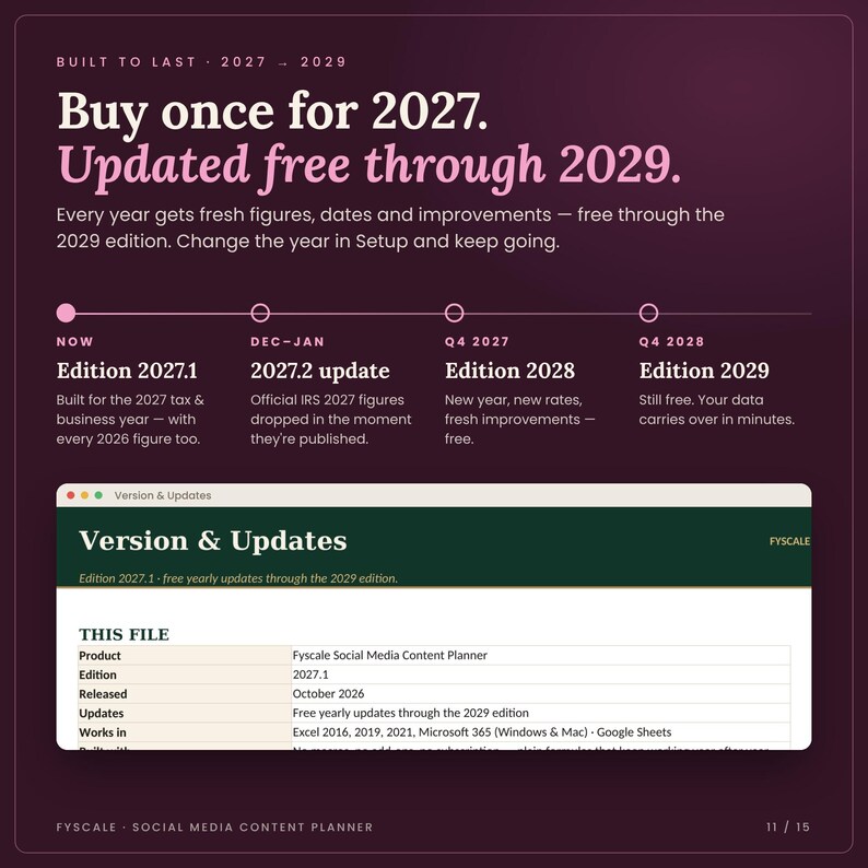 Social media content planner built to keep working in 2027, 2028 and 2029, with free yearly updates through the 2029 edition
