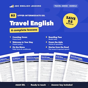 Puede incluir: Un gráfico educativo azul para lecciones de inglés ESL de nivel B2. Enumera seis temas: Counting Down, Boarding Pass, Welcome to Your Stay, Down the Aisle, On the Menu y Stories from the Road, con seis hojas de lecciones debajo.