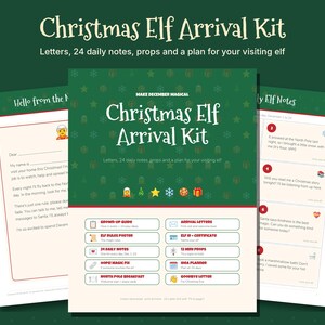 Könnte beinhalten: Ein Weihnachts-Elf-Ankunftsset mit einer Titelseite, einer Liste der enthaltenen Artikel wie Ankunftsbriefe, tägliche Notizen und Requisiten sowie zwei Seiten, die eine Briefvorlage und tägliche Elf-Notizen zeigen.