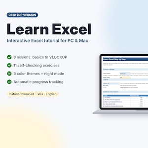 Puede incluir: Un tutorial interactivo de Excel para PC y Mac con 8 lecciones, 11 ejercicios de autoevaluación, 6 temas de color y seguimiento automático del progreso. La pantalla muestra la interfaz Learn Excel Step by Step con una lista.