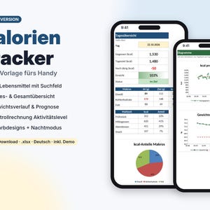 May include: A digital calorie tracker Excel template for mobile devices, featuring two smartphone screens displaying daily summaries, macronutrient breakdowns, pie charts, and line graphs for weight tracking and caloric intake data.