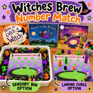 Puede incluir: Un set educativo Witches Brew Number Match que incluye tres libros infantiles, una bandeja sensorial con relleno negro y morado, y dos tapetes de actividades con círculos verdes numerados del uno al cinco para contar con cubos.