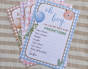 Biglietti per le previsioni del baby shower per maschietto/Tema orsetto a quadretti blu/Oh, che maschietto/Gioco di previsioni del bebè stampabile/Download immediato/Tema Non vediamo l'ora