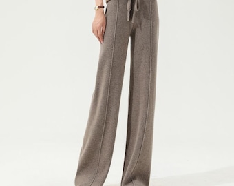 Luxury 100% Australian Merino Wool Wide Leg Pants, High Waist Knit Trousers (Drawstring)