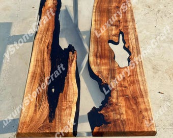 Mesa de comedor de resina epoxi con borde natural, mesa de comedor de madera maciza, diseño de río negro con resina transparente, muebles de lujo rústicos modernos.