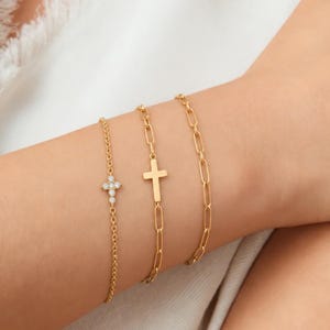 14K Gold Filled Cross Bracelet Set of 3, Dainty Faith Stack for Women