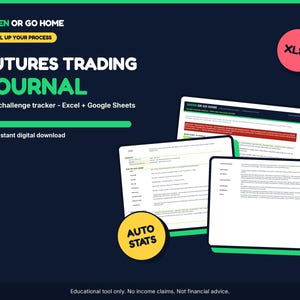 Futures Trading Journal & Prop Firm Challenge Tracker | Excel + Google Sheets Day Trading Log, Drawdown Tracker, Position Size Calculator