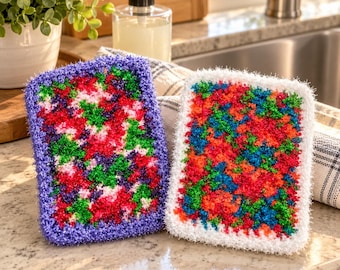 Handgemaakte gehaakte afwassponsjes – Set van 2 – Kleurrijke herbruikbare keuken- en pannensponsjes – Cadeau voor een housewarming