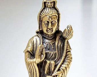 Guanyin (Quan Yin, Kuan Yin/ Kwan Yin) Lotus Bodhisattva Brass Shrine Statue Travel Altar Pocket Deity Meditation Statue Compassion Goddess