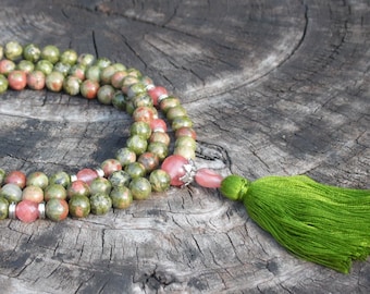 Unakite with Cherry Quartz 108 Bead Mala Rosary Necklace Meditation & Yoga Prayer Beads
