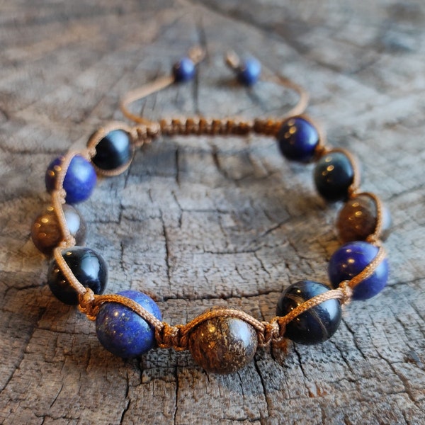 Bronzite, Lapis Lazuli & Blue Tigers Eye Shamballa Macrame Bracelet