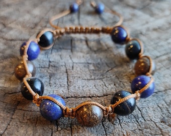 Bronzite, Lapis Lazuli & Blue Tigers Eye Shamballa Macrame Bracelet