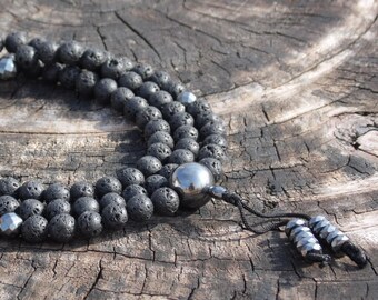 Lava Rock and Hematite 108 Bead Mala Rosary Necklace Meditation & Yoga Prayer Beads