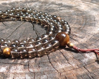 Smoky Quartz with Tigers Eye 108 Bead Mala Rosary Necklace Meditation & Yoga Prayer Beads