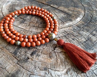 Red Jasper 108 Bead Mala with Pyrite Rosary Necklace Meditation & Yoga Prayer Beads