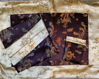Silk Brocade Sadhana Text Cover, Puja Table Cloth & Mala Bag Set- Gold Plum Blossoms and Brown Dragons