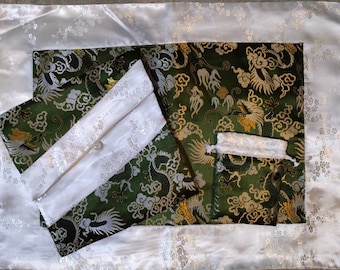 Silk Brocade Sadhana Text Cover, Puja Table Cloth & Mala Bag Set- White Plum Blossoms and Olive Dragons