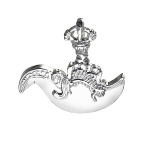 May include: A silver pendant in the shape of a crescent moon with a crown on top. The moon is decorated with intricate details and the crown is adorned with a floral design.