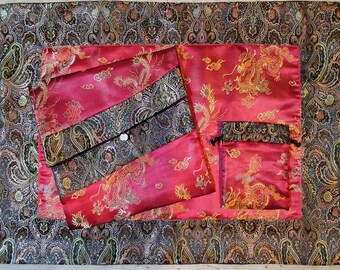 Silk Brocade Sadhana Text Cover, Puja Table Cloth & Mala Bag Set- Black Paisley and Burgandy Dragons