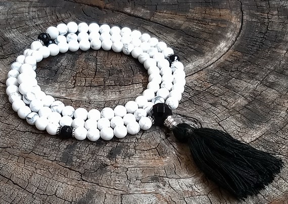 Howlite With Onyx 108 Bead Mala Rosary Necklace Meditation Yoga