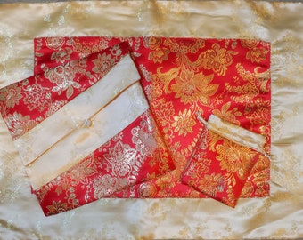 Silk Brocade Sadhana Text Cover, Puja Table Cloth & Mala Bag Set- Gold Plum Blossoms and Red Flowers