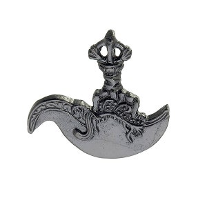 May include: A silver-colored metal pendant in the shape of a crescent moon with a decorative design. The pendant has a small, ornate finial on top.