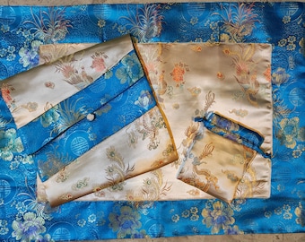 Silk Brocade Sadhana Text Cover, Puja Table Cloth & Mala Bag Set- Dark Blue Flowers and Gold Dragons