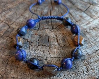 Lapis Lazuli with Blue Tigers Eye and Nugget shaped Bronzite Shamballa Macrame Bracelet