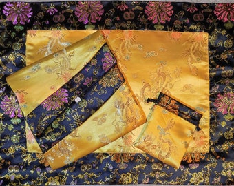 Silk Brocade Sadhana Text Cover, Puja Table Cloth & Mala Bag Set- Floral Black and Gold Dragons