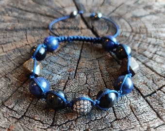 Bronzite, Lapis Lazuli & Blue Tigers Eye with Pave CZ's  Shamballa Macrame Bracelet