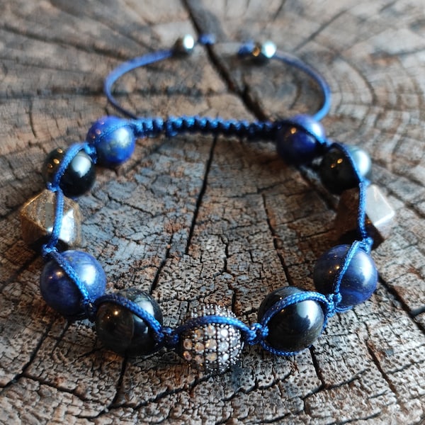 Bronzite, Lapis Lazuli & Blue Tigers Eye with Pave CZ's  Shamballa Macrame Bracelet