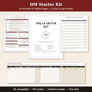 May include: A DM Starter Kit featuring 35 printable and fillable pages and 12-tab Google Sheets. The kit includes an Actions and Checks panel, a main title page with a 20-sided die graphic, an initiative and combat tracker, and digital spreadsheets.