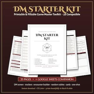 May include: A printable and fillable DM Starter Kit for 5E compatible tabletop games. The kit includes 35 pages of black and white documents, including a DM screen, encounter builder, random tables, character sheets, and a Google Sheets companion.