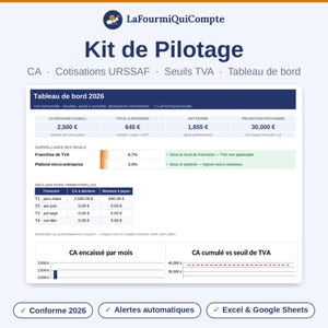 May include: A digital dashboard titled Kit de Pilotage by LaFourmiQuiCompte, displaying 2026 financial data including CA, URSSAF contributions, and VAT thresholds. The interface features tables for quarterly declarations, monthly revenue charts, and status indicators for tax compliance.