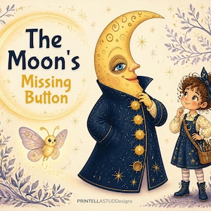 Op de afbeelding: Een digitale illustratie getiteld The Moon's Missing Button met een maansikkel-personage in een donkerblauwe jas met stervormige knopen, een kind met krullend haar in een blauwe jurk en een lichtgekleurde vlinder.