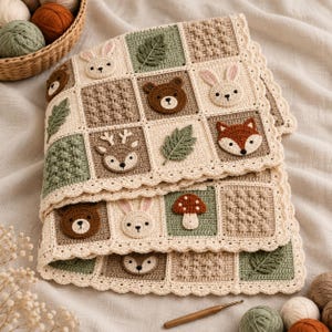 Patrón de ganchillo para manta de bebé con temática de bosque, patchwork con apliques de animales del bosque, descarga en PDF.