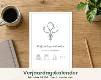 Verjaardagskalender imprimível | Eeuwigdurende A4 calendário, 12 meses + prazo de entrega | 4 estilos PDF