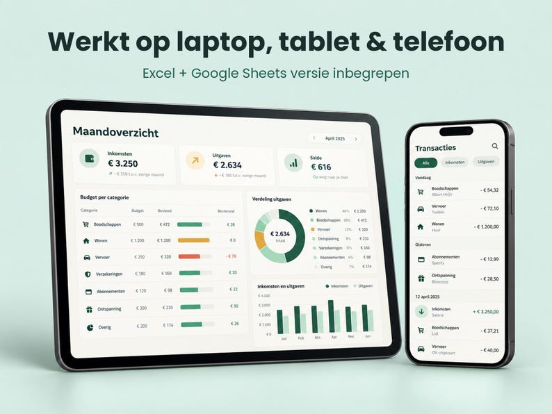 Huishoudboekje Excel Nederlands | Planejador de orçamento com Dashboard, Spaardoelen, Schulden Aflossen e importação de CSV | Download digital imagem 2