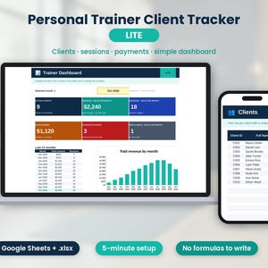 Könnte beinhalten: Eine digitale Personal Trainer Client Tracker LITE Tabellenkalkulation auf einem Laptop- und Smartphone-Bildschirm. Das Dashboard zeigt Kennzahlen wie aktive Kunden, Umsatz, Sitzungen und ein Balkendiagramm für monatliche Einnahmen.